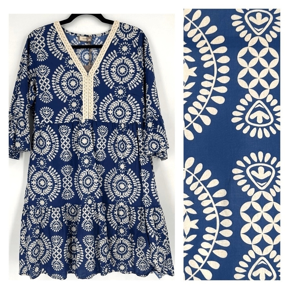 New! Saiph Lab Tiered Bell Sleeve Santorini Mini Dress White Blue 45369